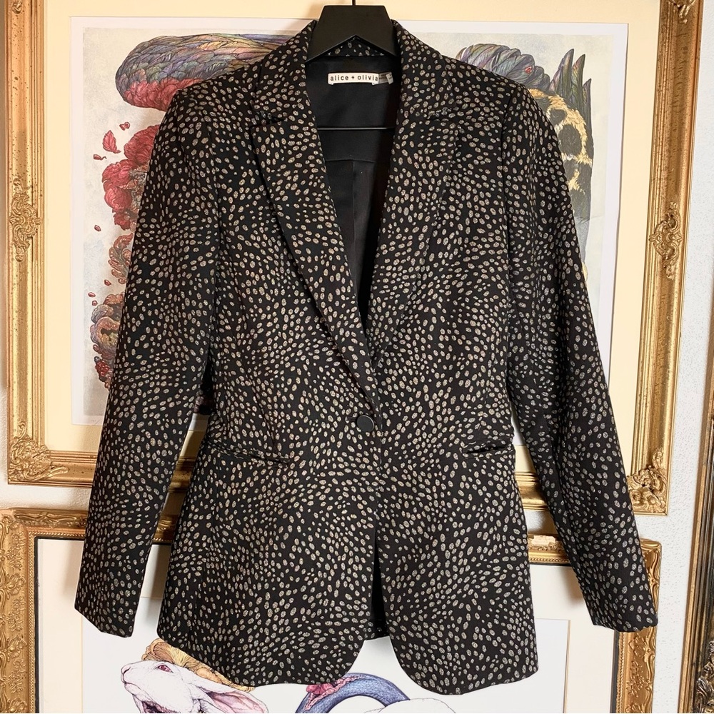 Alice + Olivia Macey black silver spot animal print blazer Valentine’s Day